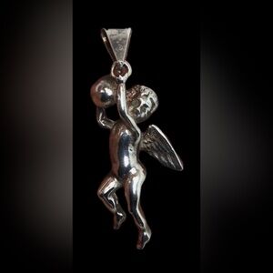 Signed Sterling Silver Cherub Cupid Angel Pendant Handmade in Mexico Orb Ball
